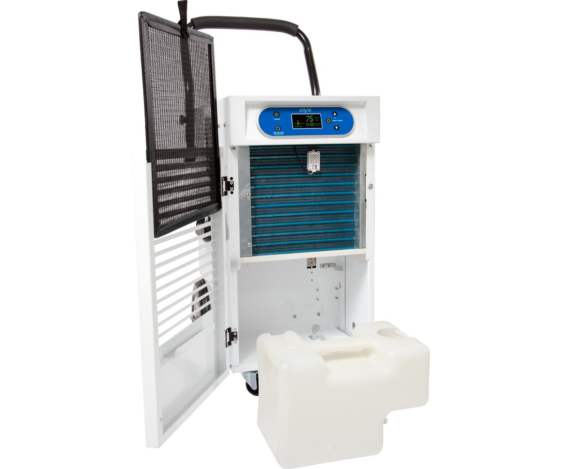 White Active Air 110-pint dehumidifier with digital display, open filter door, and removable water tank.