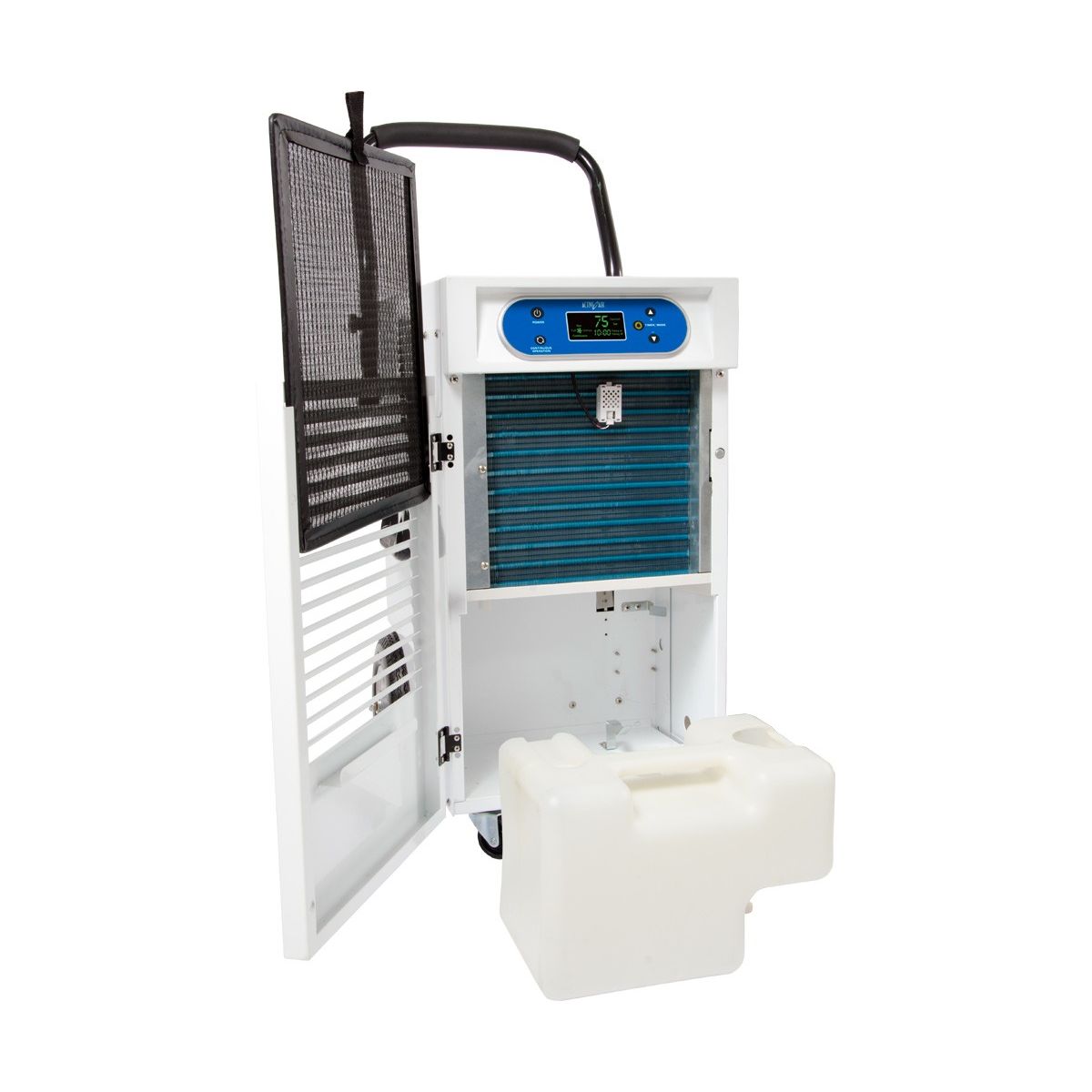 White Active Air 110-pint dehumidifier with digital display, open filter door, and removable water tank.