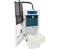 White Active Air 110-pint dehumidifier with digital display, open filter door, and removable water tank.