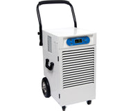 White portable dehumidifier with digital display, handle, and wheels.