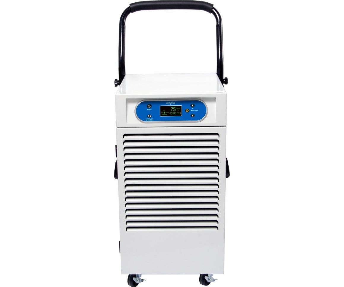ActiveAir 110-pint dehumidifier with digital display and handle on wheels.