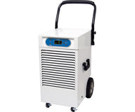 White portable dehumidifier with digital display, handle, and wheels.