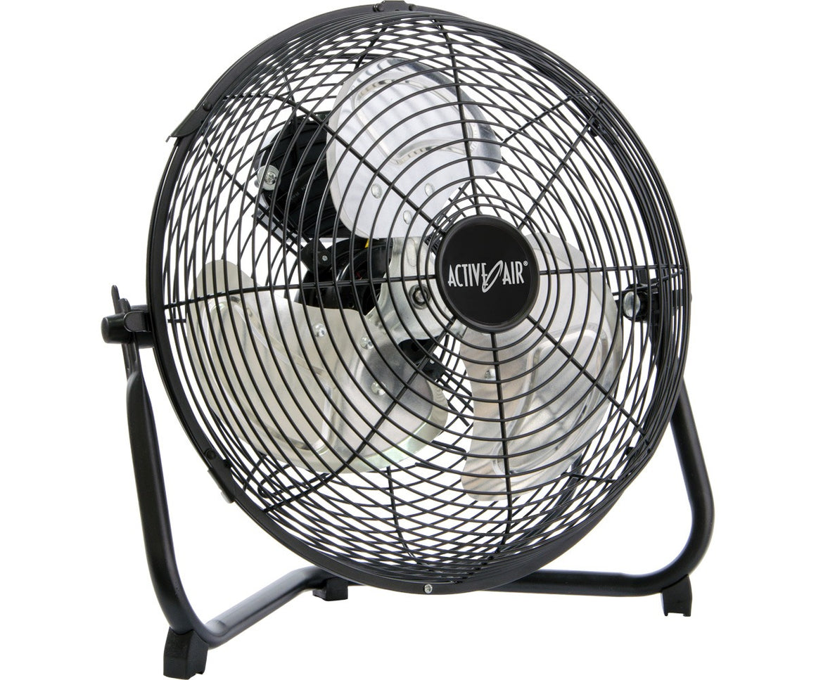 Black metal floor fan with "ACTIVE AIR" logo.