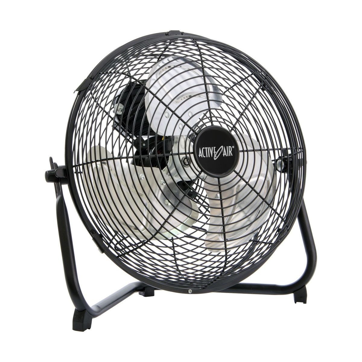 Black metal floor fan with "ACTIVE AIR" logo.