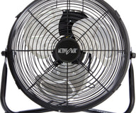 Close-up of black Active Air HD floor fan with three metal blades and circular grate.
