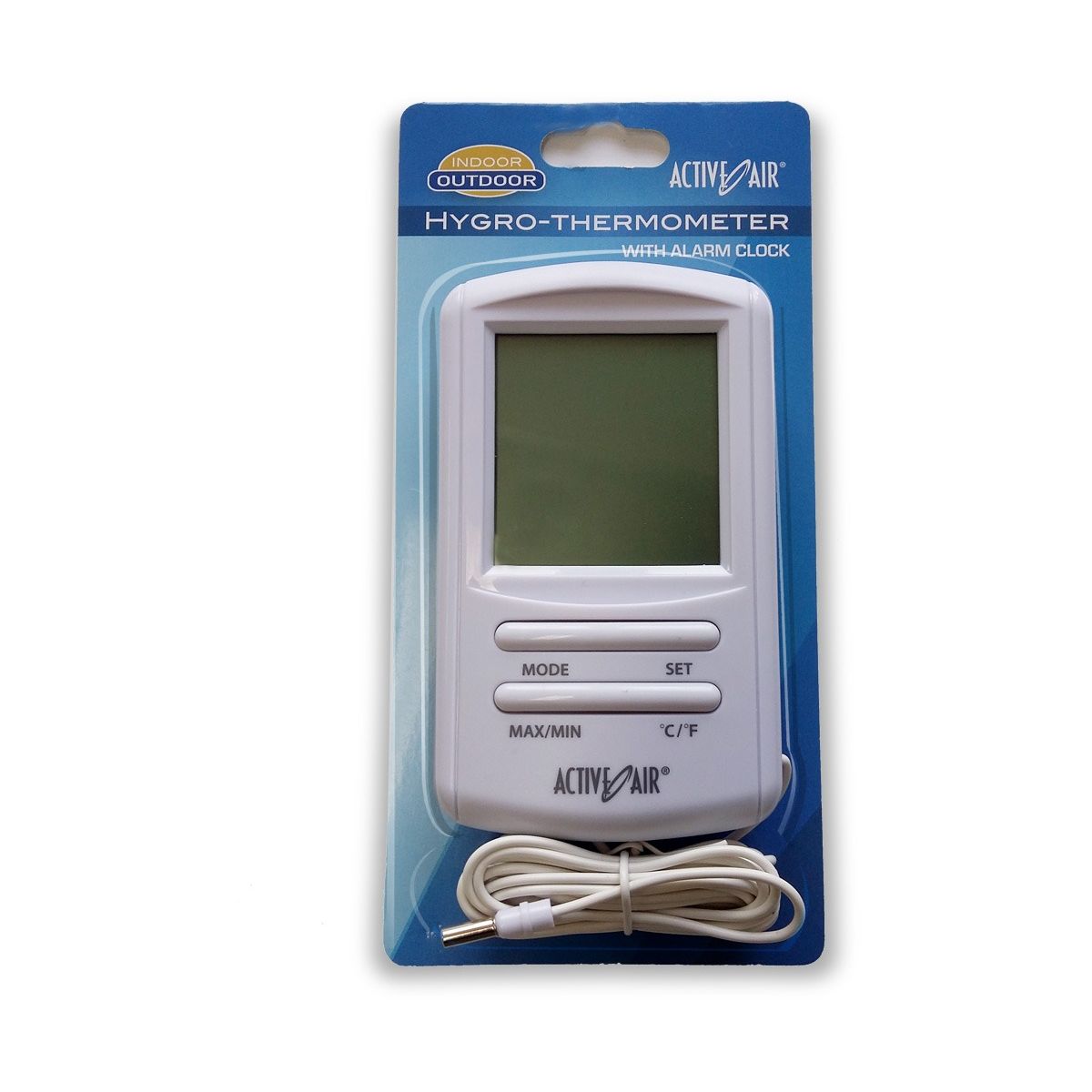 Active Air hygro-thermometer with alarm clock, digital display, and white cord.