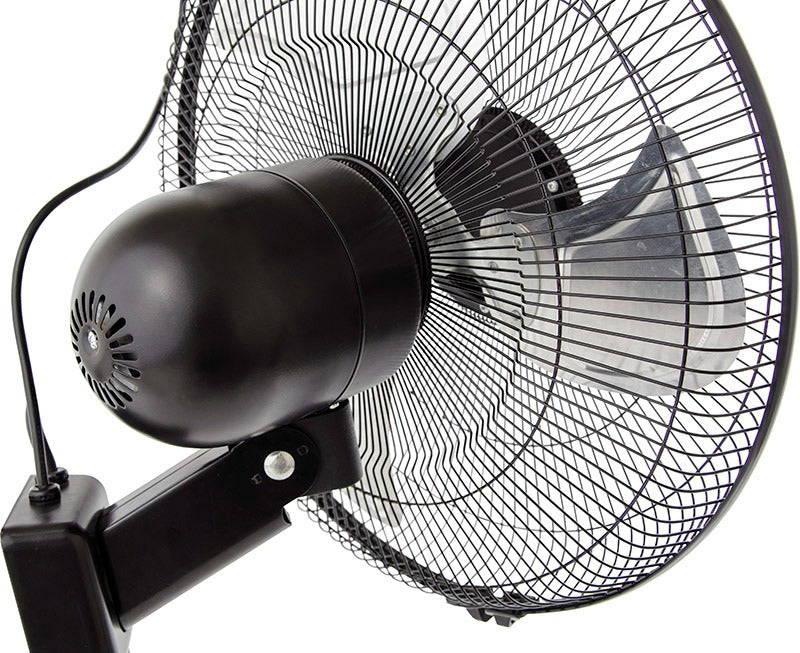Black metal wall mount fan with oscillating head and 3-blade propeller, against a white background.