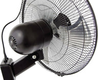 Black metal wall mount fan with oscillating head and 3-blade propeller, against a white background.