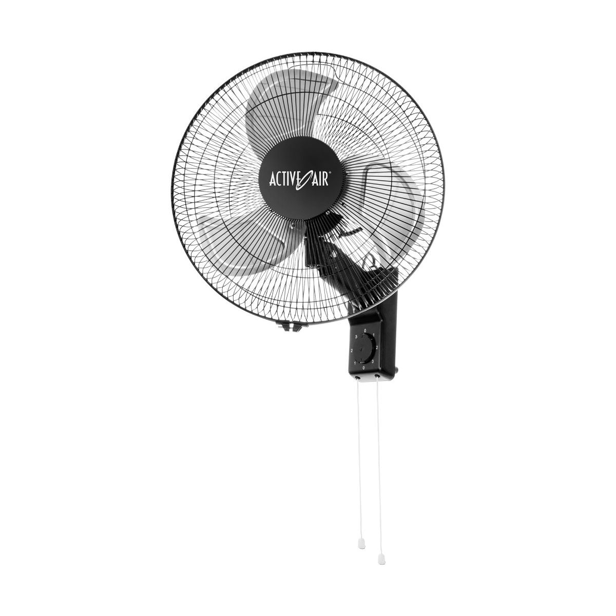 Black heavy-duty metal wall-mount fan with oscillating blades and pull cords.