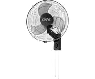 Black heavy-duty metal wall-mount fan with oscillating blades and pull cords.