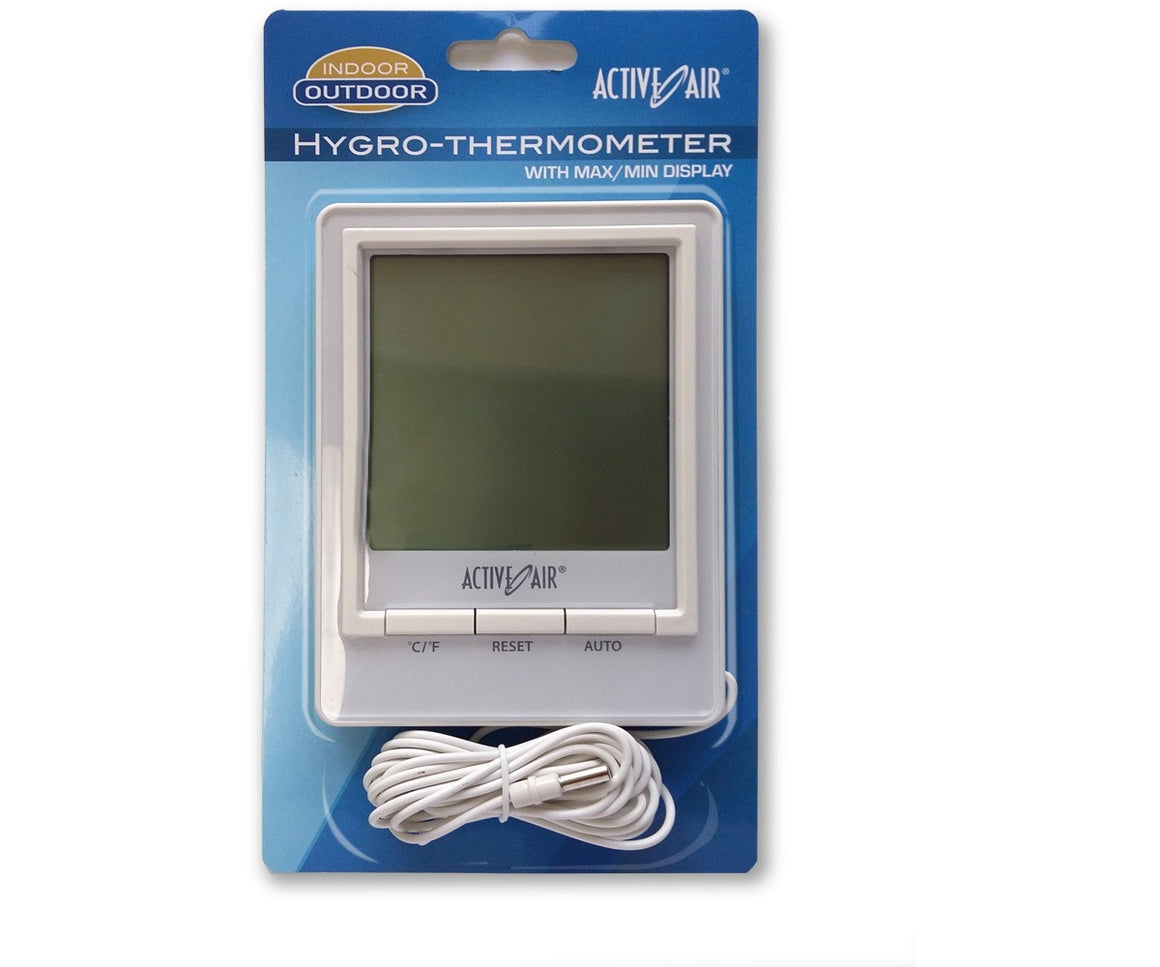 Active Air hygro-thermometer with max/min display in blister packaging.