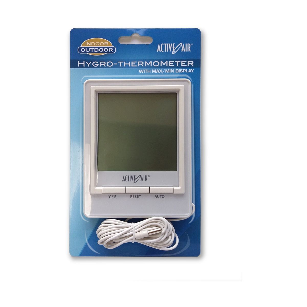 Active Air hygro-thermometer with max/min display in blister packaging.