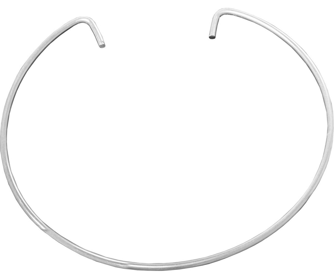 Silver choker necklace on white background.