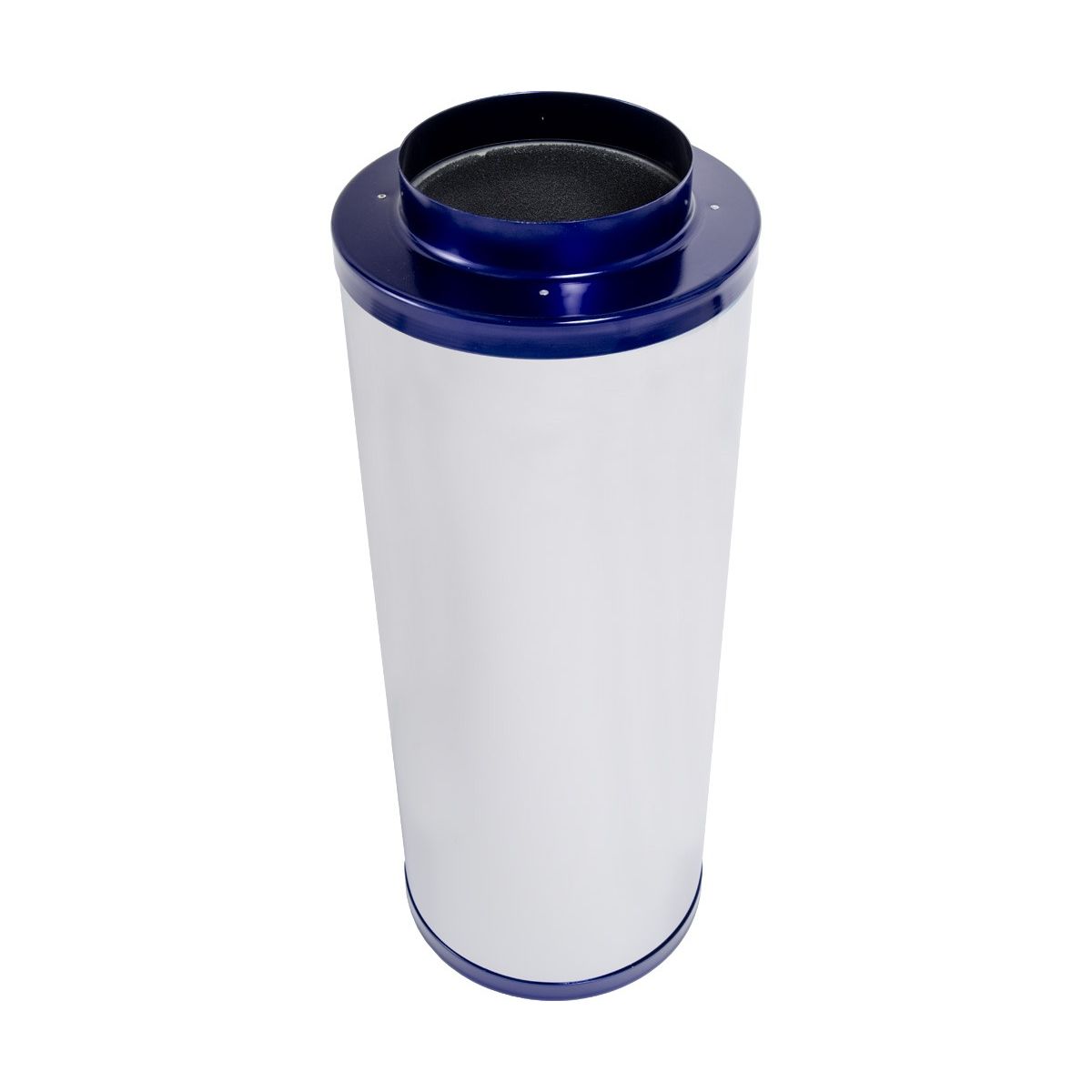 White cylinder inline carbon filter with blue top and bottom, isolated on white background.