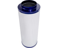 White cylinder inline carbon filter with blue top and bottom, isolated on white background.