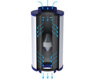Cutaway illustration of an inline carbon filter showing airflow direction.