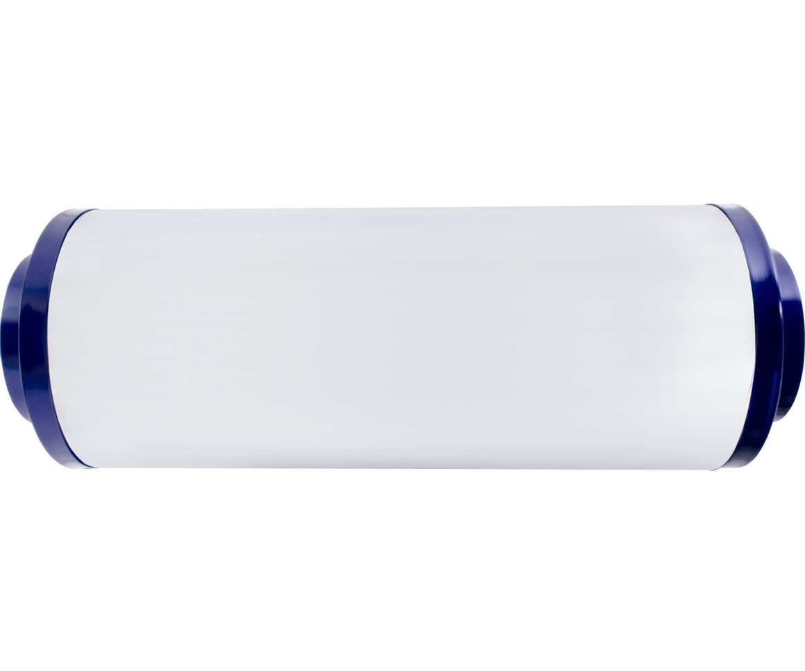 White inline carbon filter with blue end caps.