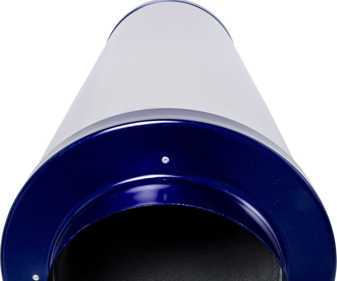 Close-up of a white carbon filter with a blue rim against a white background.