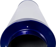 Close-up of a white carbon filter with a blue rim against a white background.