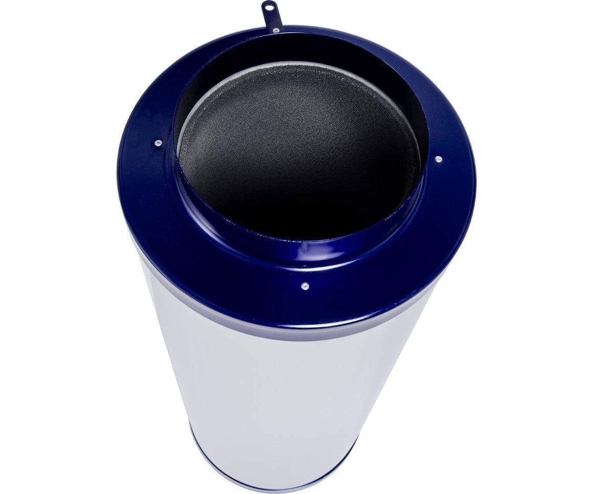 Top-down view of a white carbon filter with a blue rim and black foam filter element.