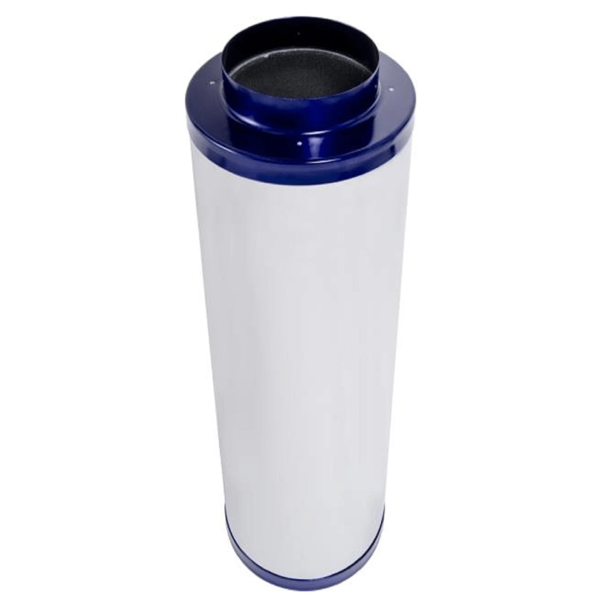 White inline carbon filter with blue top and bottom, 8x30 inches.