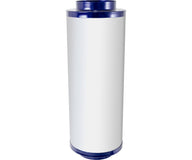White inline carbon filter with blue top and bottom, 8x30 inches.