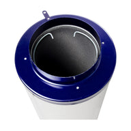 Close-up of a blue rimmed carbon air filter with a white hook.
