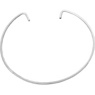 A silver, circular metal choker necklace with open ends and slight curves upward.