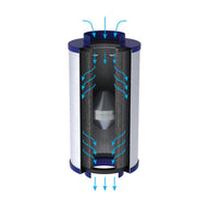 3D cutaway illustration of an inline carbon filter with blue arrows showing airflow.