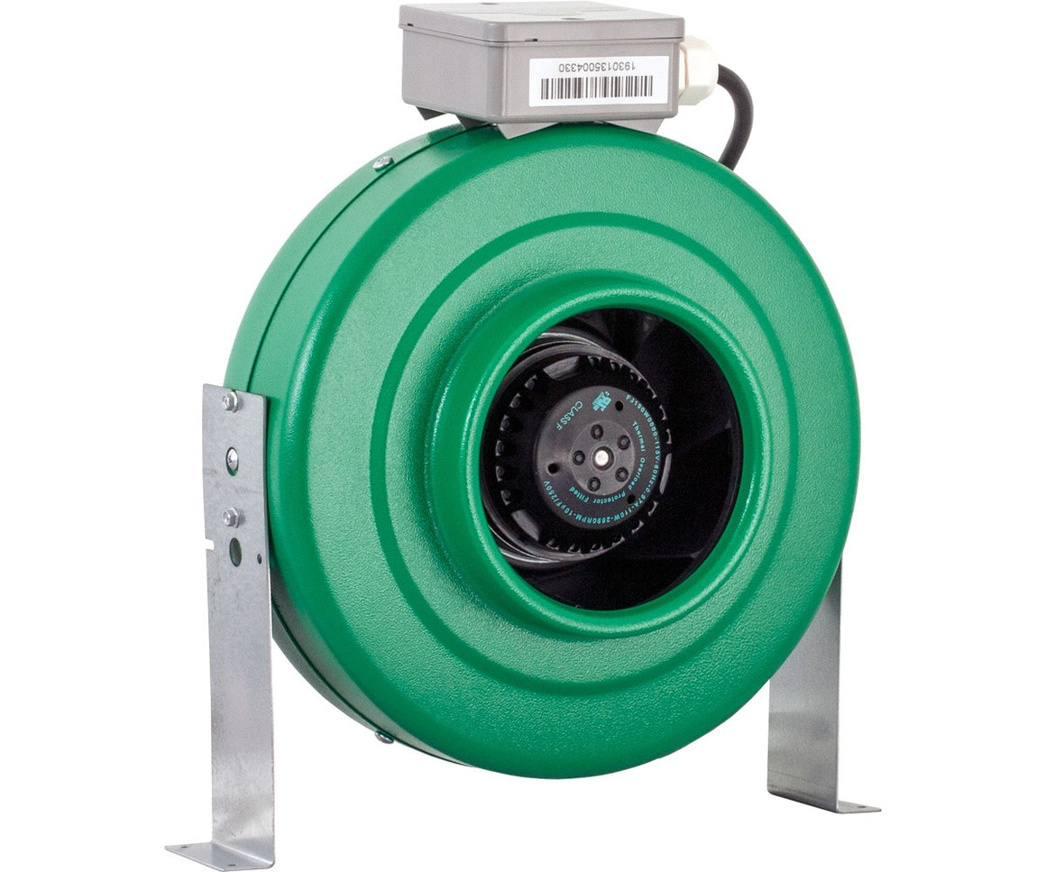 Green inline duct fan with metal brackets and gray control box.