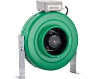Green inline duct fan with metal brackets and gray control box.
