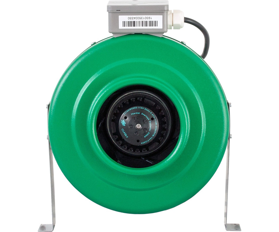 Green inline duct fan with black vent and silver stand.