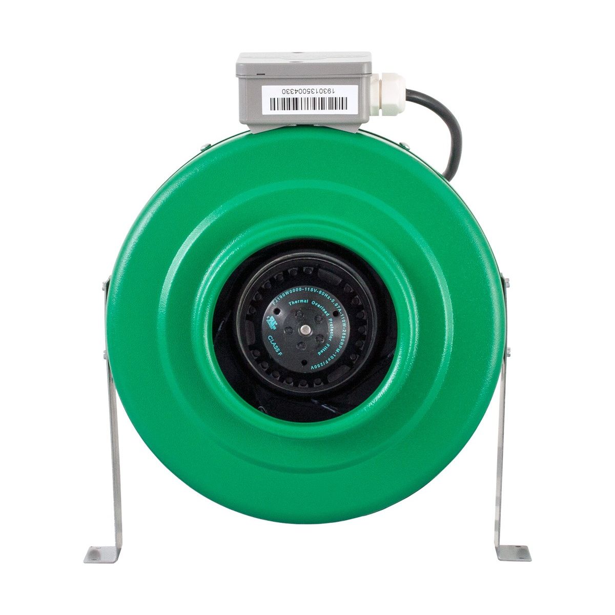 Green inline duct fan with black vent and silver stand.