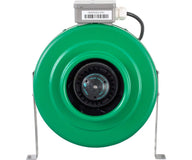 Green inline duct fan with black vent and silver stand.