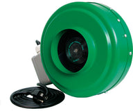 Green inline duct fan with a power cord, on a white background.