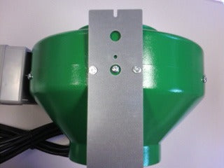 Green inline duct fan with metal mounting bracket, silver screws, and black power cord.