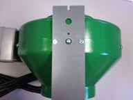 Green inline duct fan with metal mounting bracket, silver screws, and black power cord.