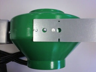 Green inline duct fan with silver mounting bracket and wires.