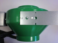 Green inline duct fan with silver mounting bracket and wires.