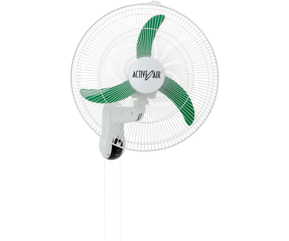 White oscillating wall mount fan with green blades and "ACTIVE AIR" logo.