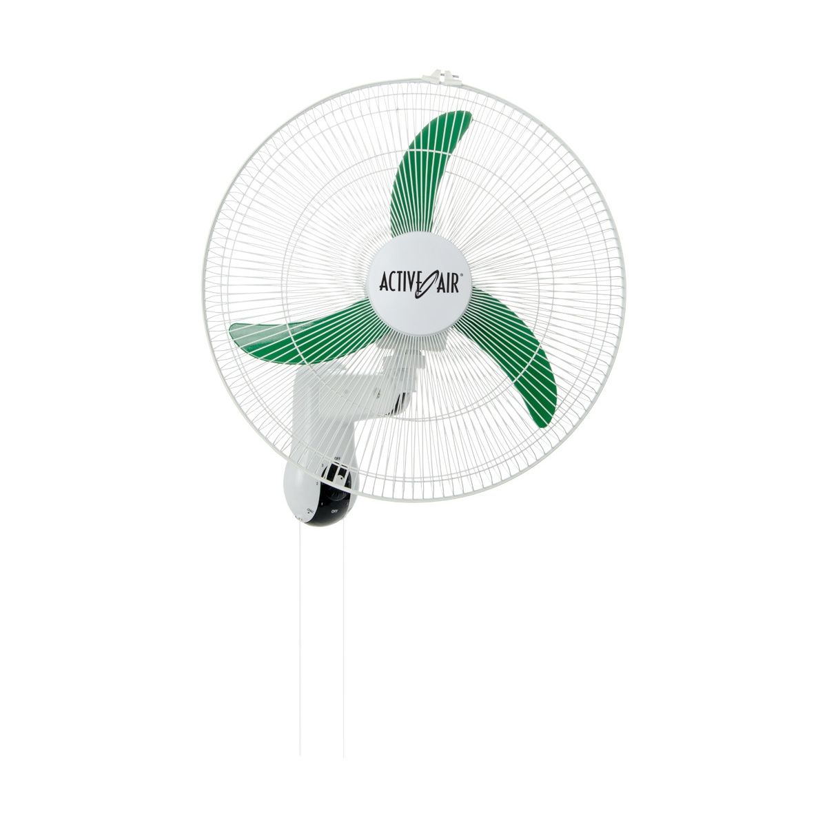 White oscillating wall mount fan with green blades and "ACTIVE AIR" logo.