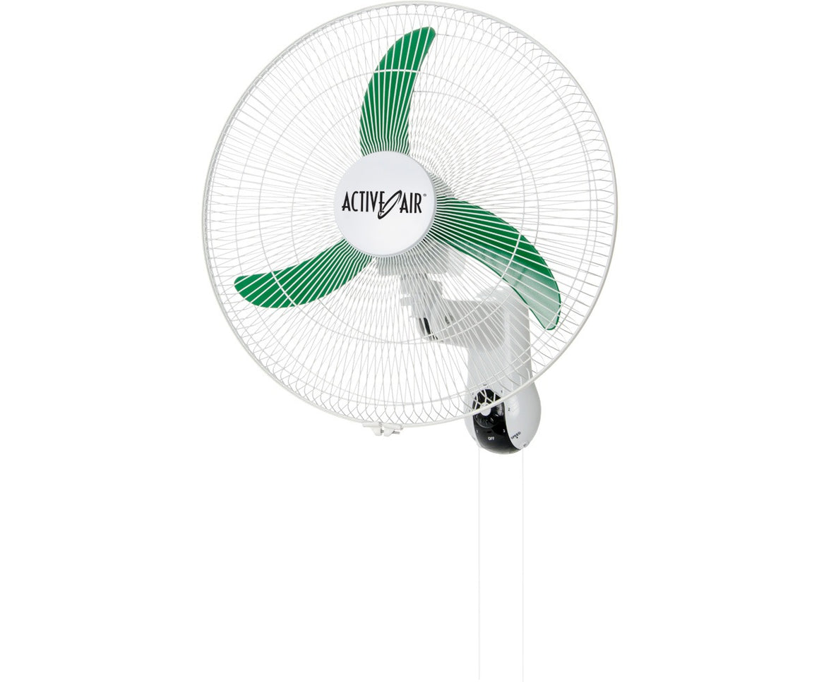 Active Air oscillating wall mount fan with green blades and white housing.