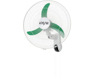 Active Air oscillating wall mount fan with green blades and white housing.