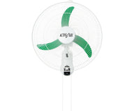 White oscillating wall-mount fan with green blades and 