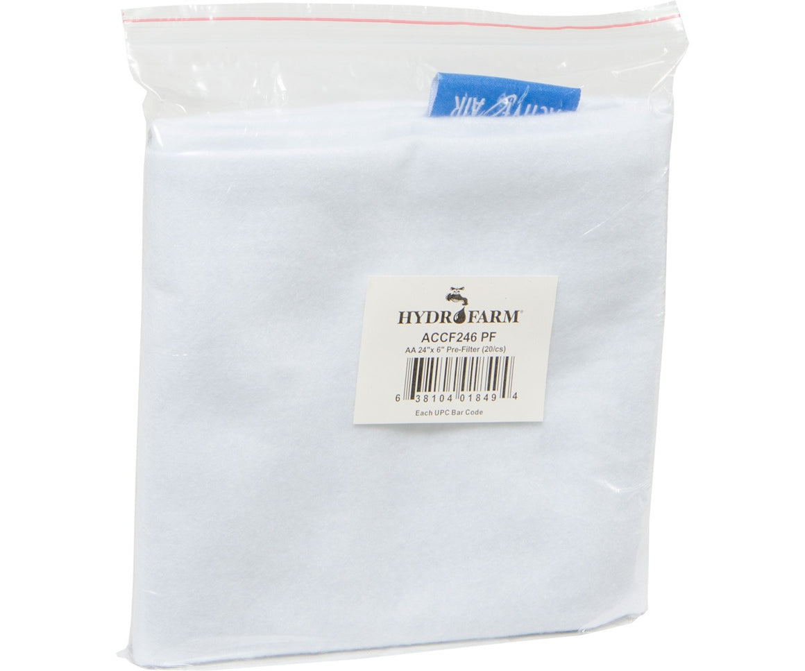 White pre-filter media in a clear plastic bag with a Hydrofarm label.