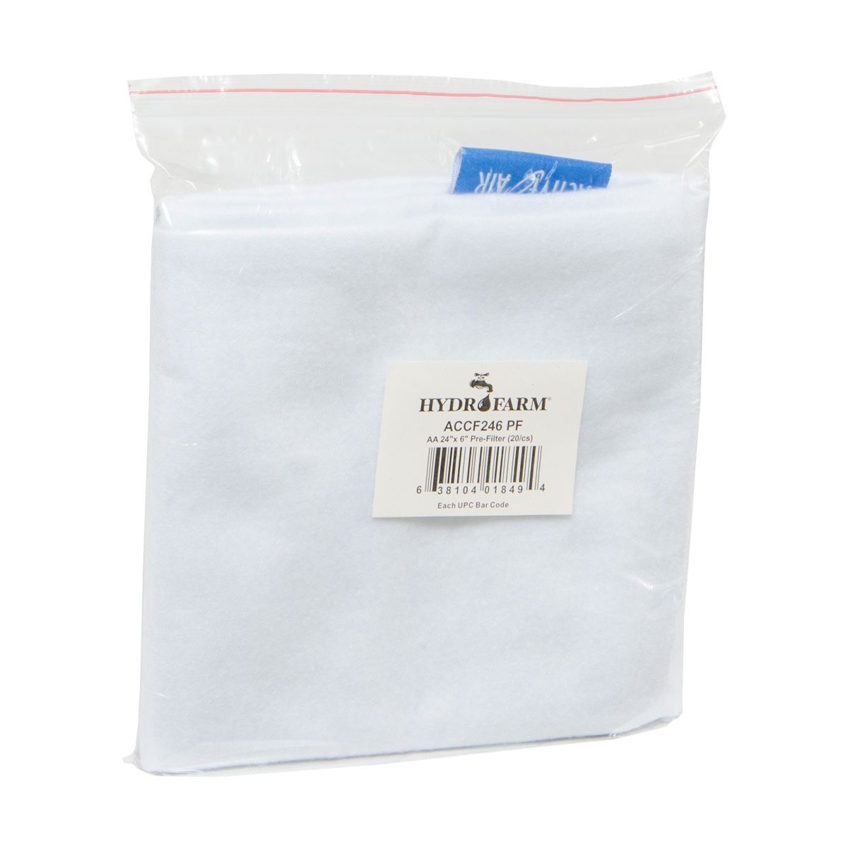 White pre-filter media in a clear plastic bag with a Hydrofarm label.