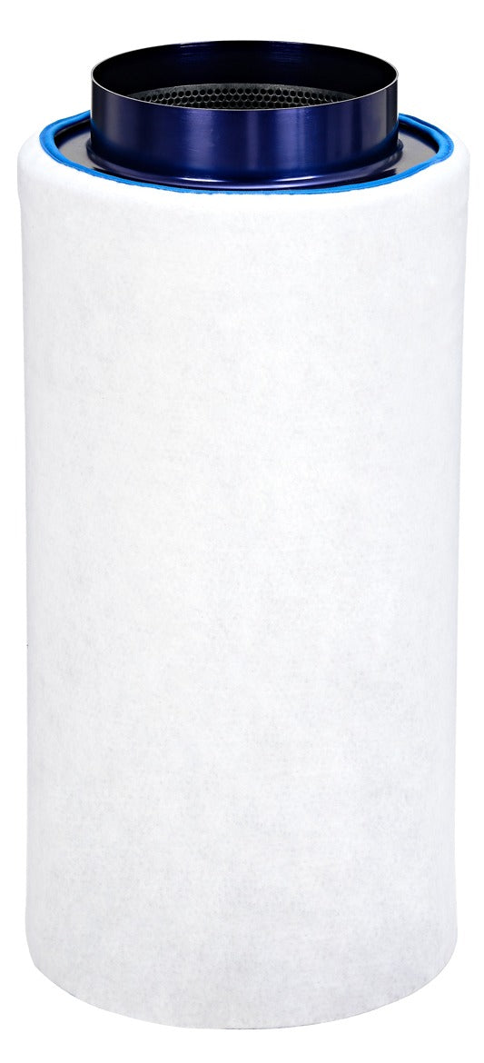 White cylindrical air filter with blue trim and metal top.