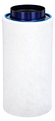 White cylindrical air filter with blue trim and metal top.