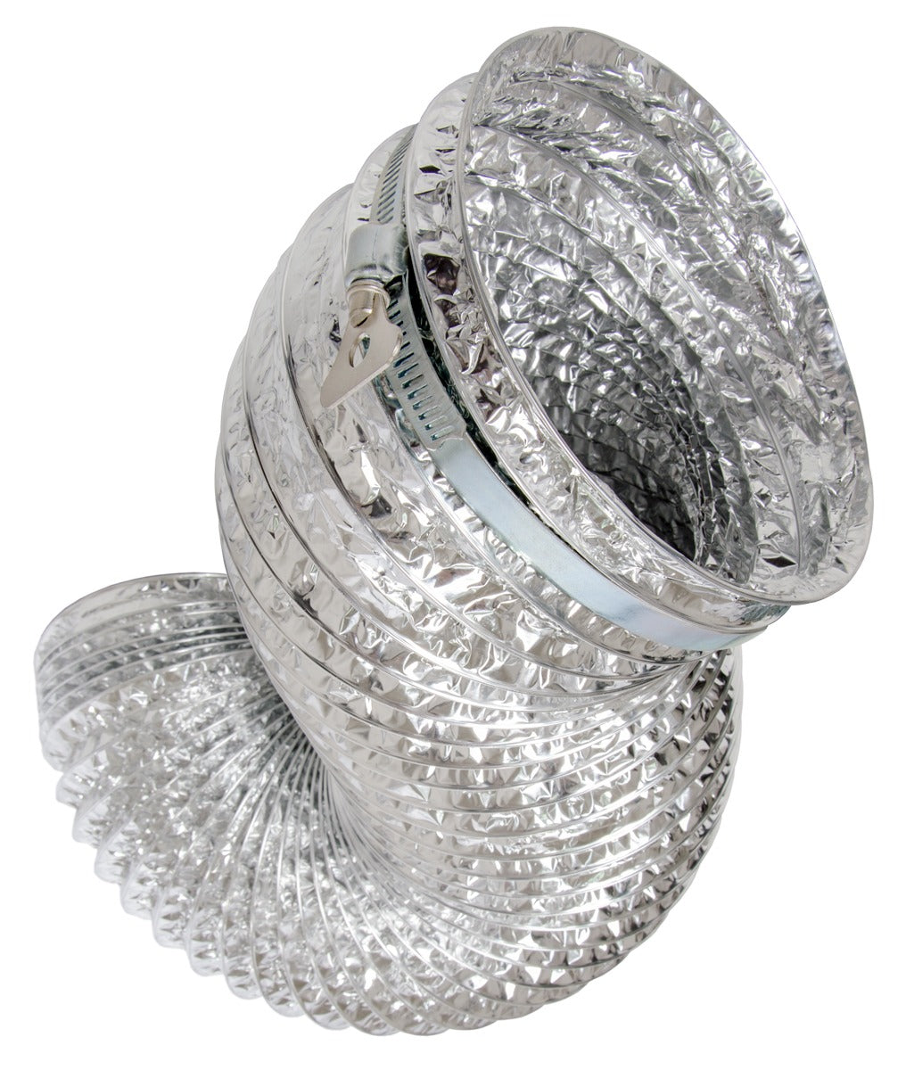 Silver flexible dryer vent ducting with metal clamp.