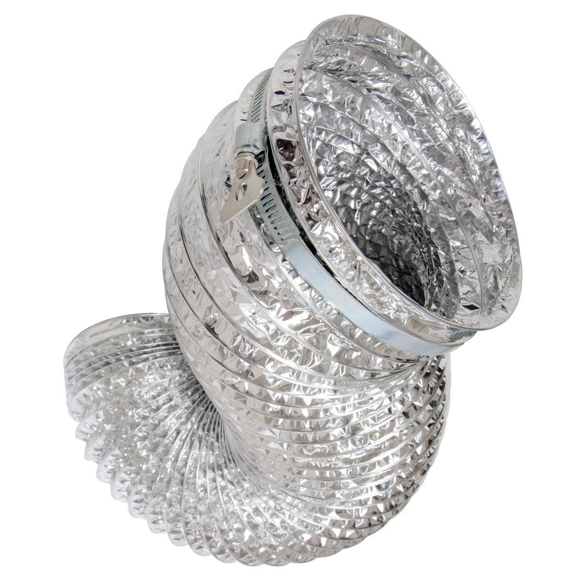 Silver flexible dryer vent ducting with metal clamp.